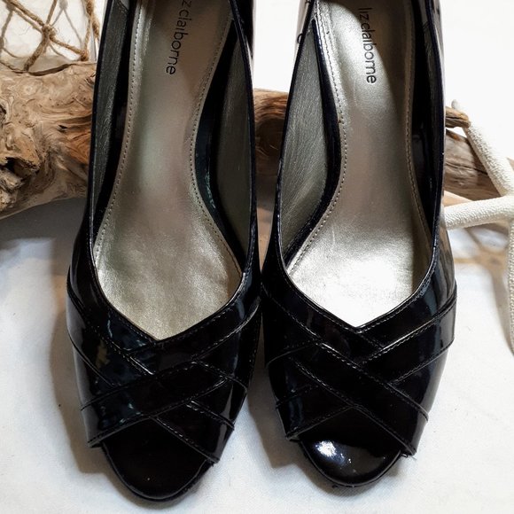 Liz Claiborne Black Patent Peep Toe Heels - Picture 1 of 10